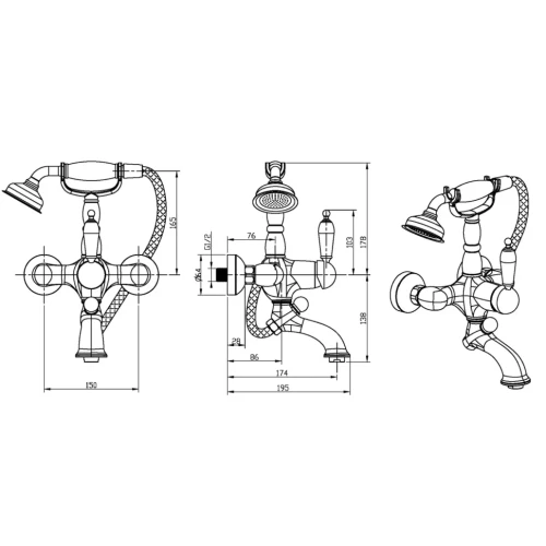 Купить купить смеситель для ванны, boheme tradizionale nero, золото арт. 253